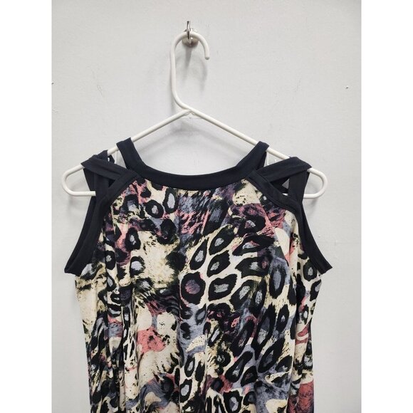 White Birch Womens Tunic Top Large Black Animal Print Strappy Cold Shoulder - Picture 9 of 9